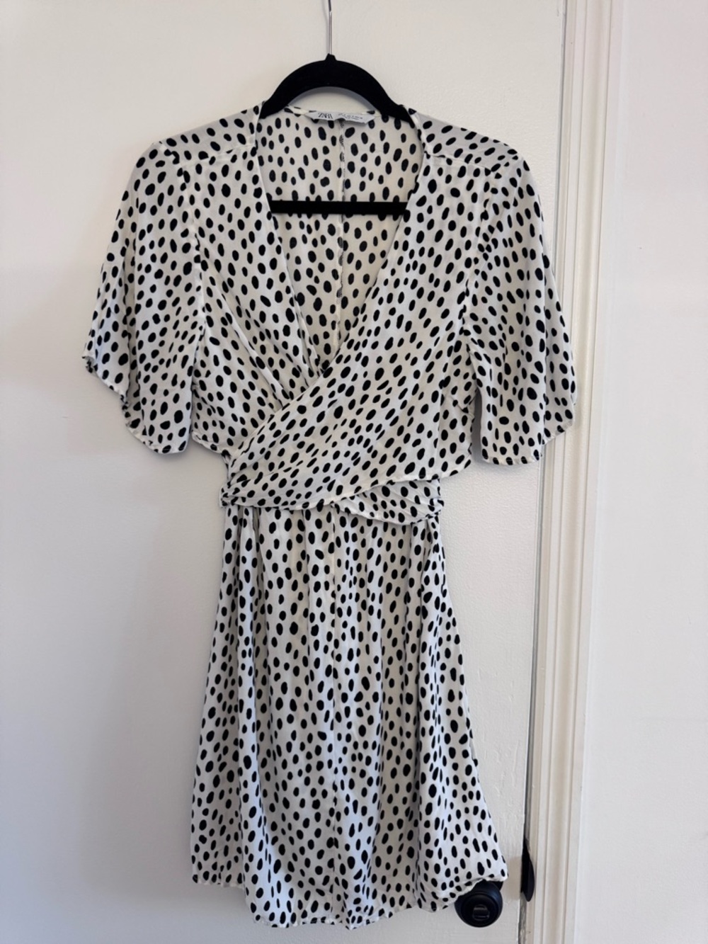 Zara White and Black Polka Dot Wrap Mini Dress